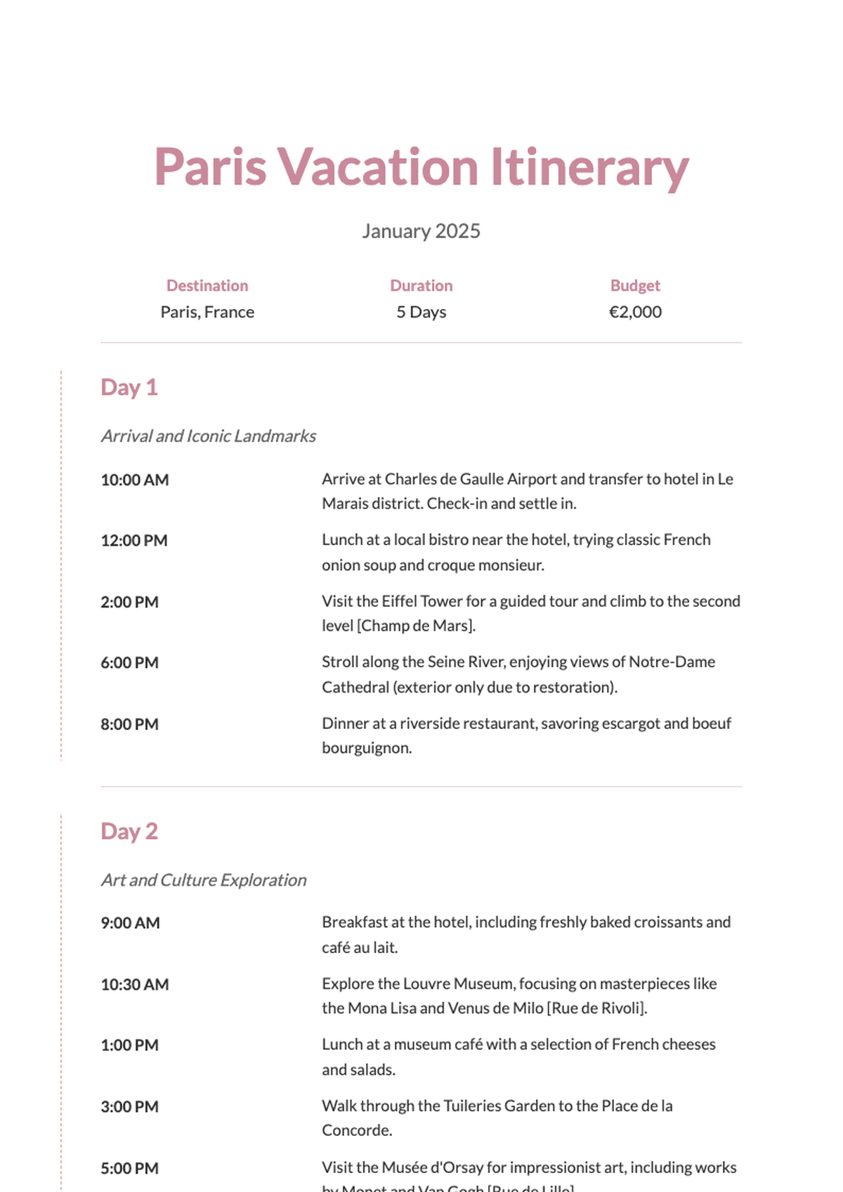 Vacation Itinerary Template with Daily Schedule and Travel Details January 2025_variant_1